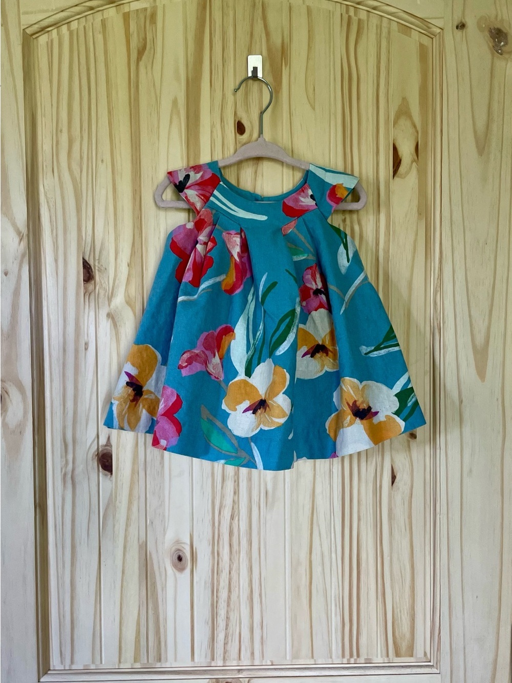 Tea Collection Linen Cotton Teal Floral Flutter Dress Size 9-12 months Birthday